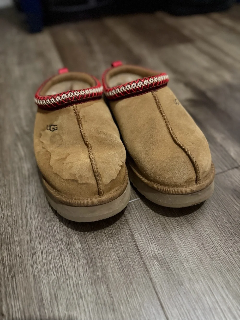 UGG Kids Suede Slip-On Clog in Chestnut with Red Trim